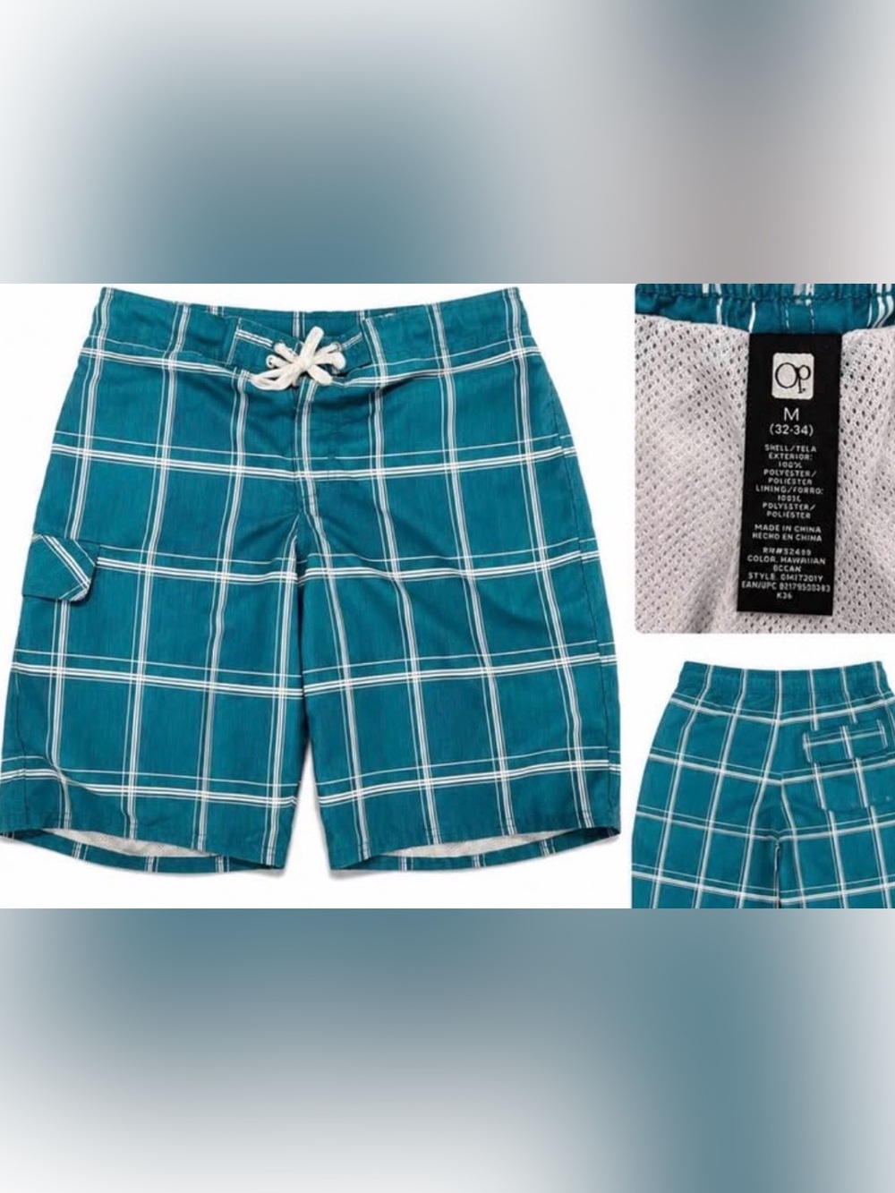 OP Teal Plaid Men's Swim Trunks with Drawstring